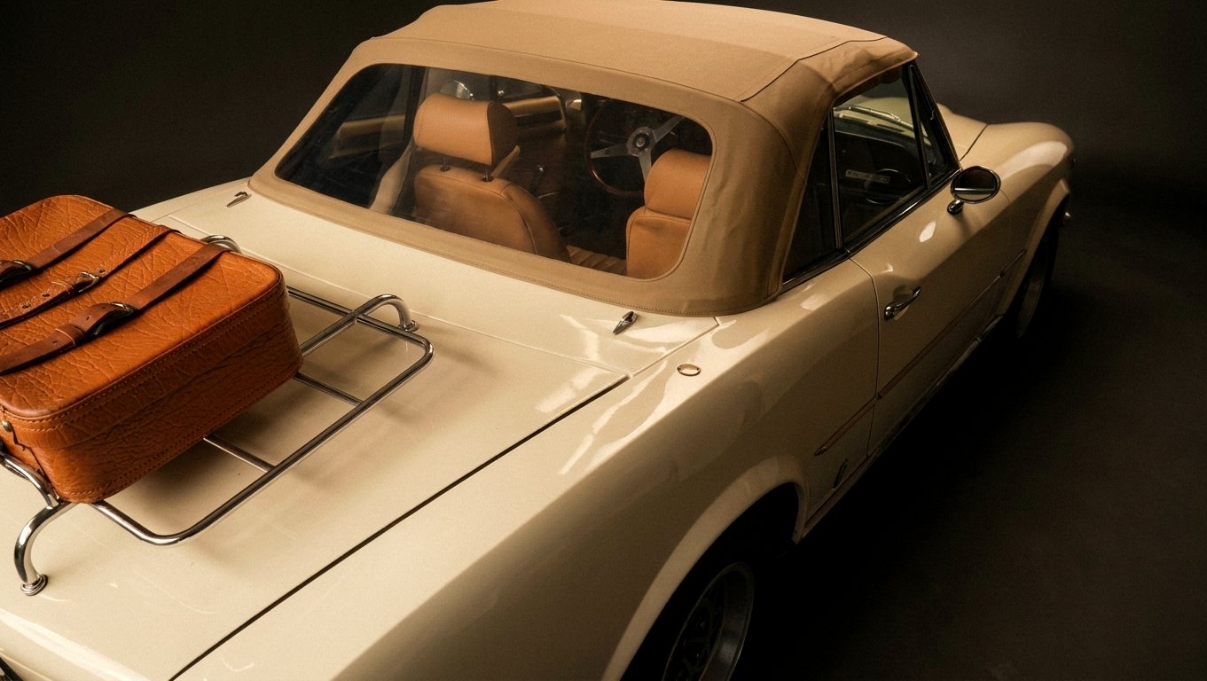 Cremefarbener Oldtimer-Roadster mit neu montiertem beigem Verdeck und Maßgepäck.