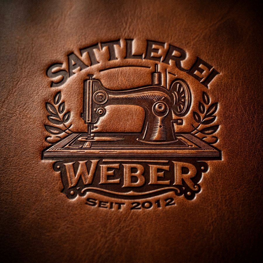 In Leder geprägtes Logo der Sattlerei Weber