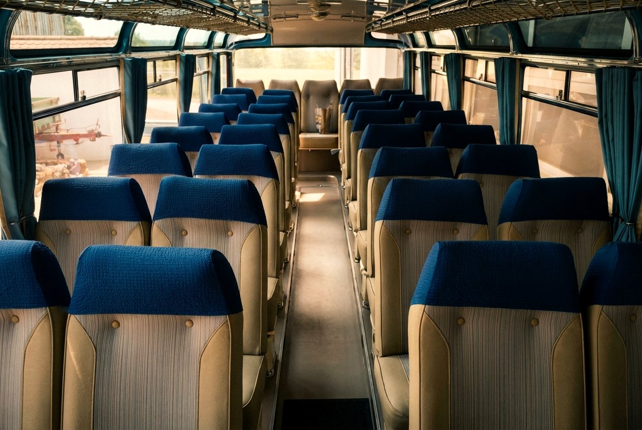 Neu bezogene Sitzreihen in einem Reisebus.